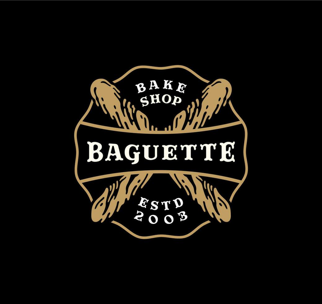 Logo badge of baguette bread in vintage design. bakery label design on black background vector