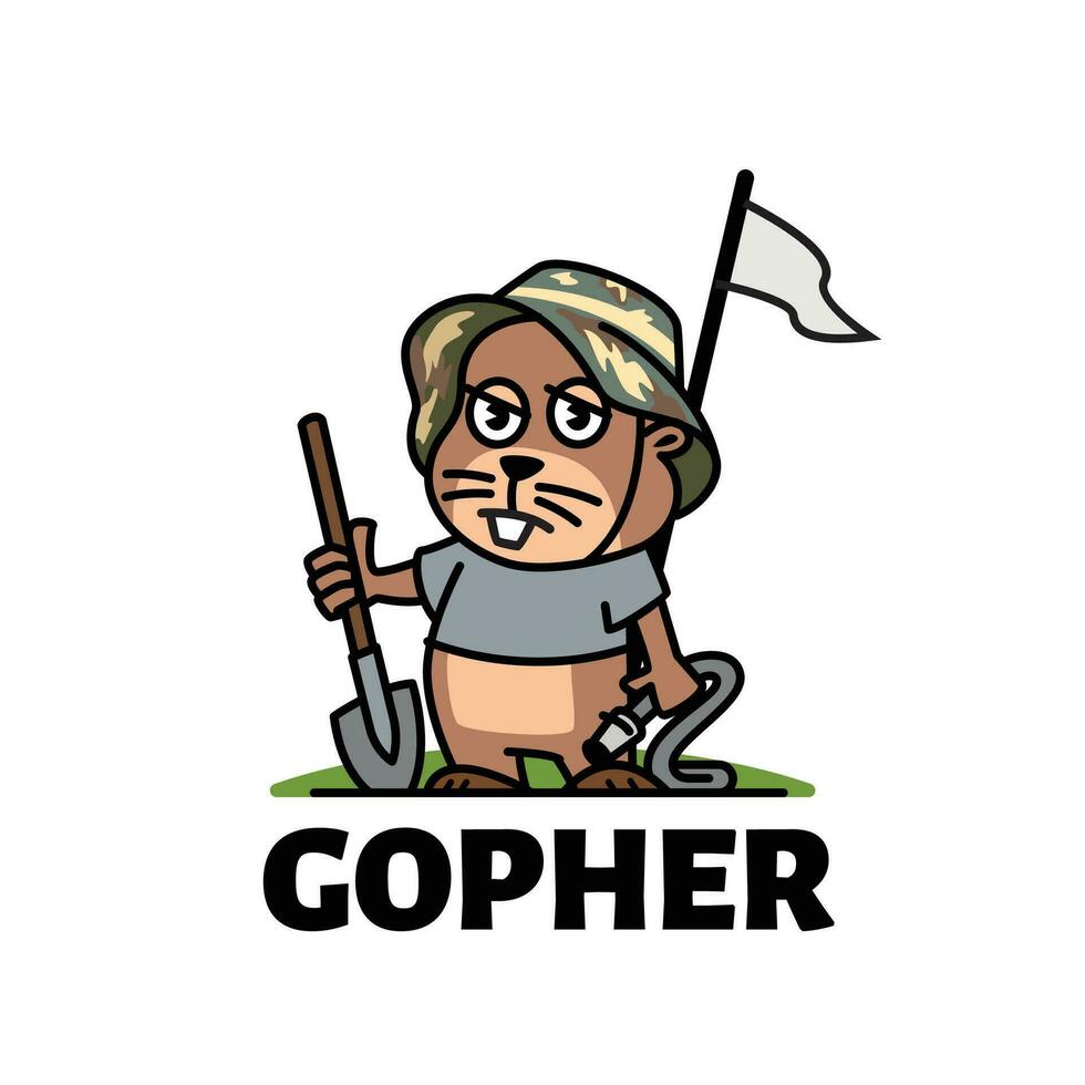 gophers mascot wearing a military hat carrying a shovel and a hose on a golf course vector