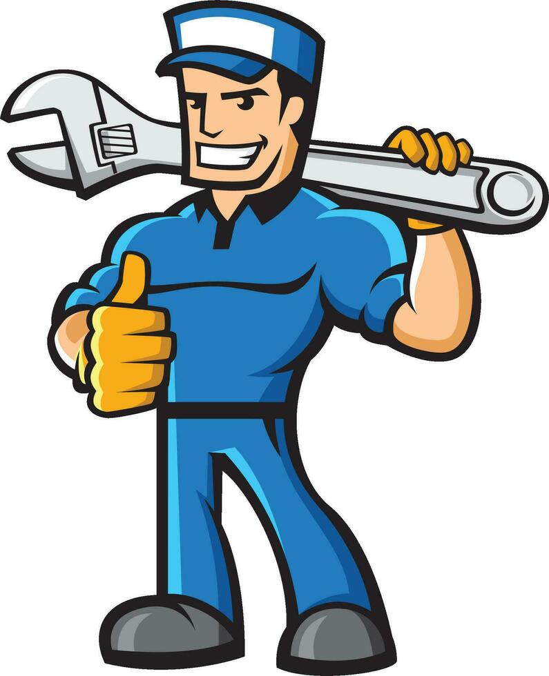 Handyman worker with wrench in the hand vector