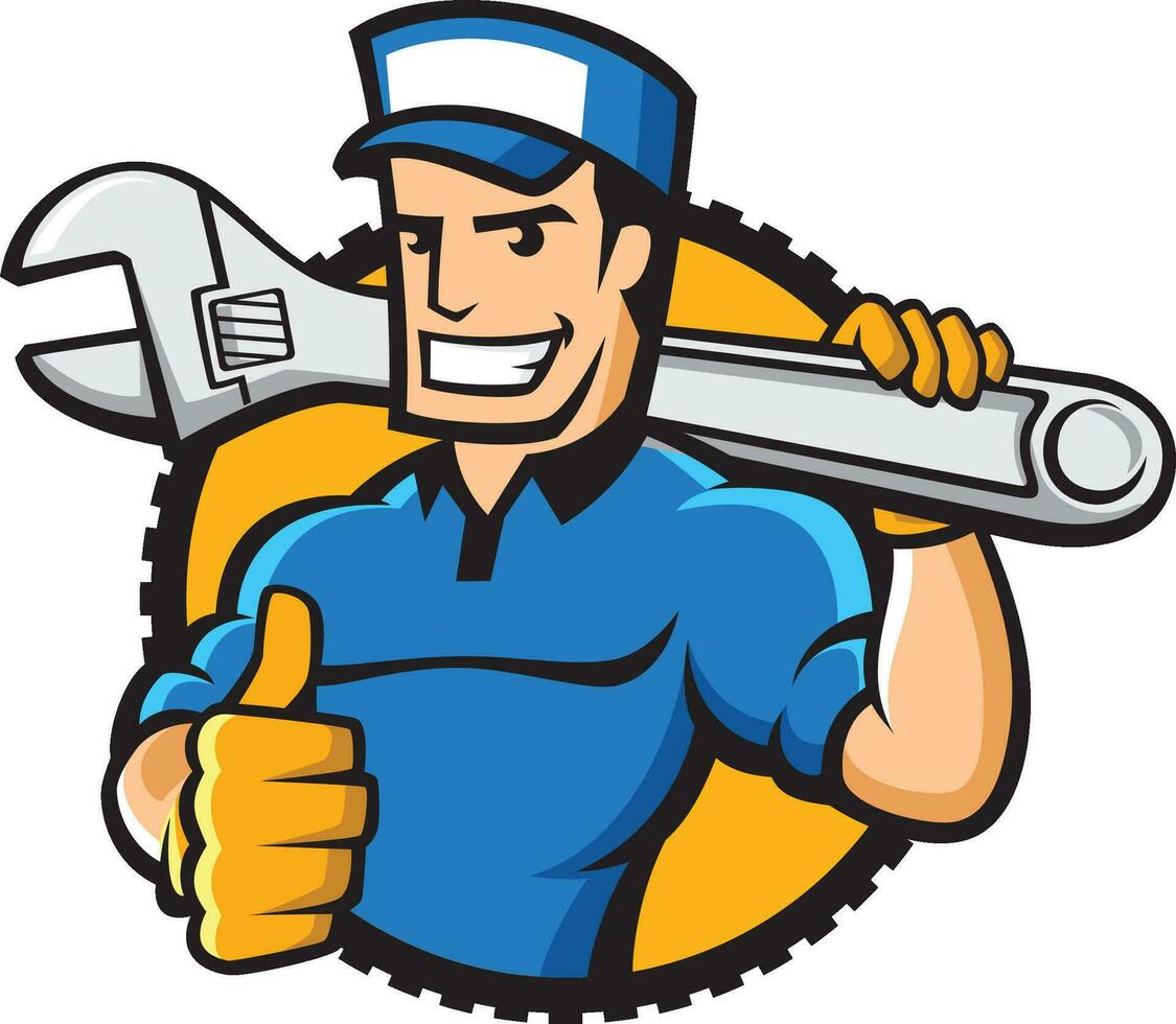 handyman holding the wrench in the form of cartoon mascot design vector