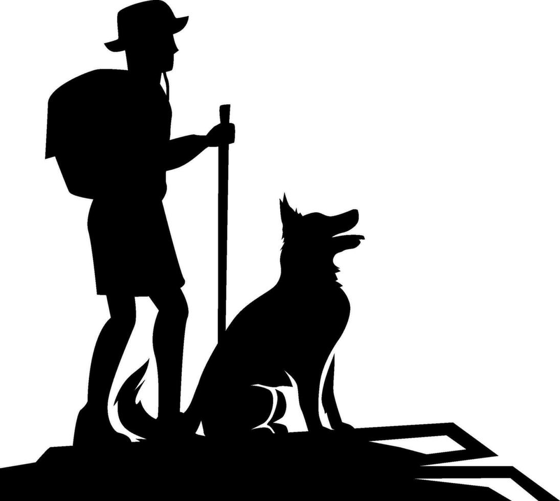 Vector silhouette of the man with dog for a walk. Hiking club Extreme adventure.