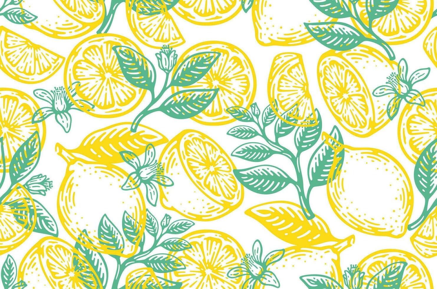 Seamless summer pattern with slices and whole lemons. vector