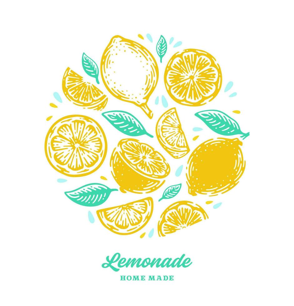 Hand drawn lemon, lemon slice, speech bubble with circle shaped vector