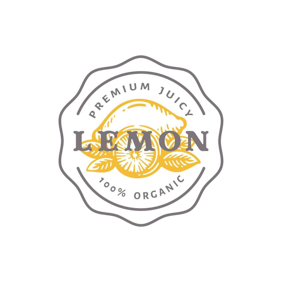 limón Insignia o logo modelo. mano dibujado limones con hojas bosquejo con retro tipografía y fronteras vector