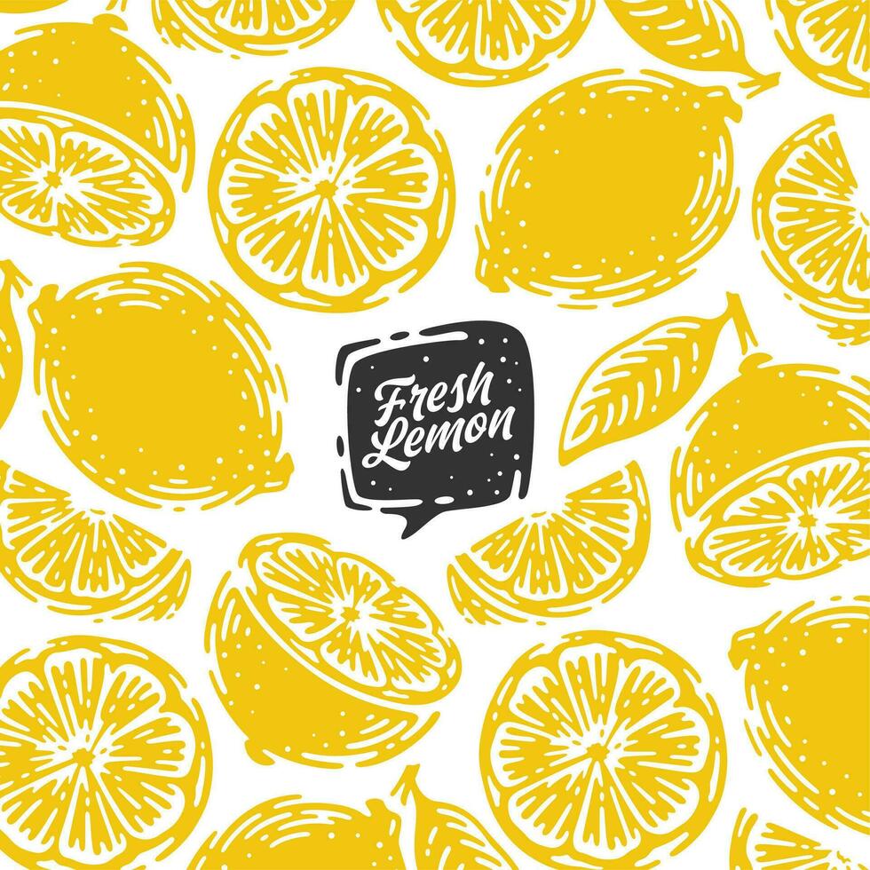 Single Pattern of doodle hand drawn lemon with Fresh Lemon handwritten lettering vector