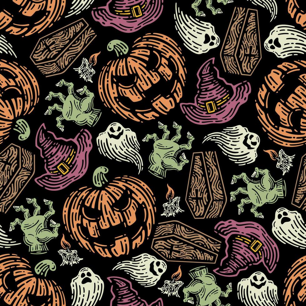 seamless pattern of Halloween elements in dark background. vector