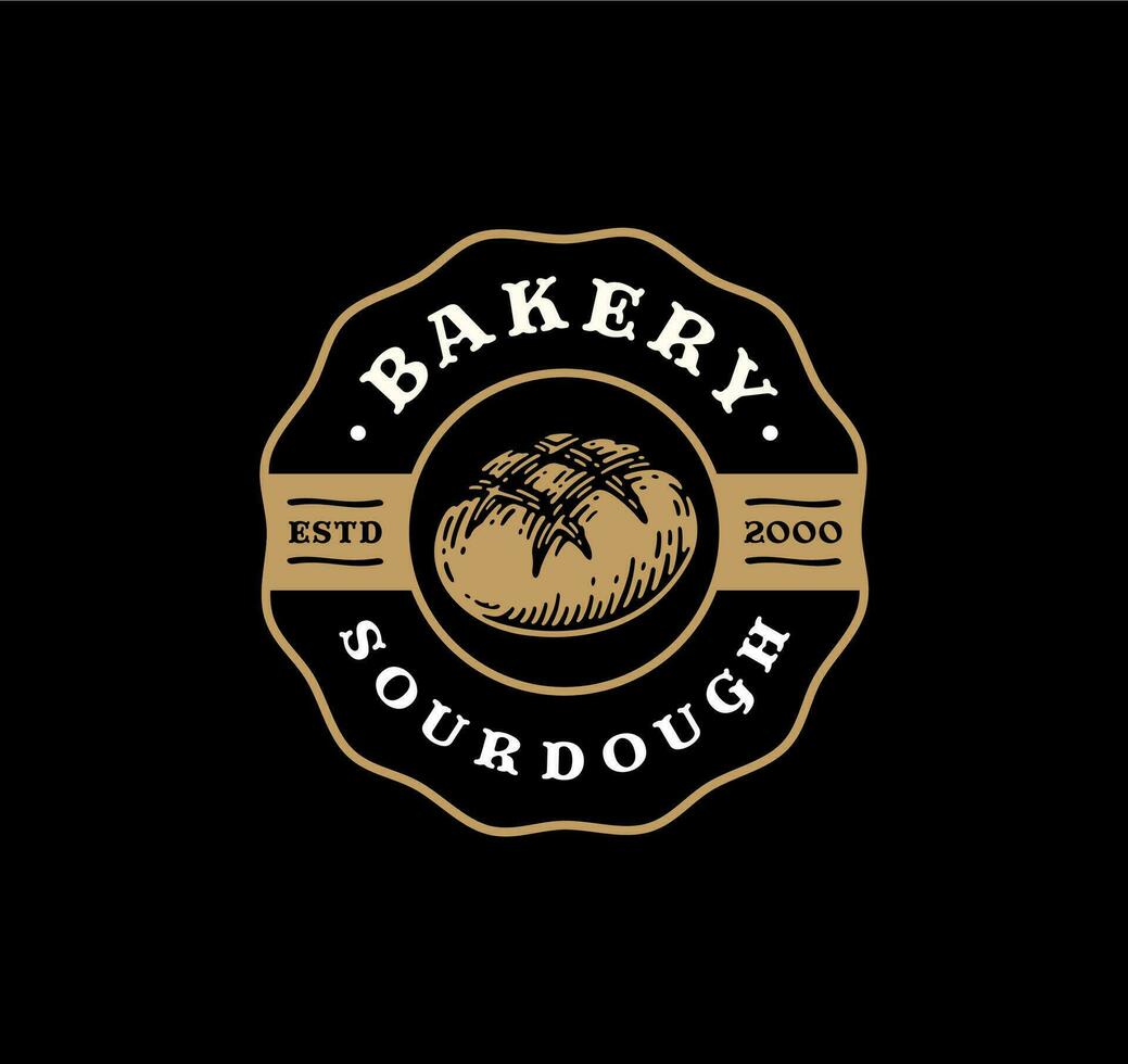 Logo badge of sourdough bread in vintage design. bakery label design on black background vector