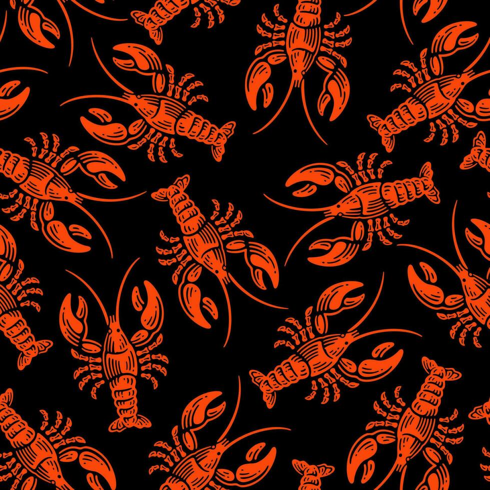 Seamless pattern of lobster in doodle vintage illustration vector