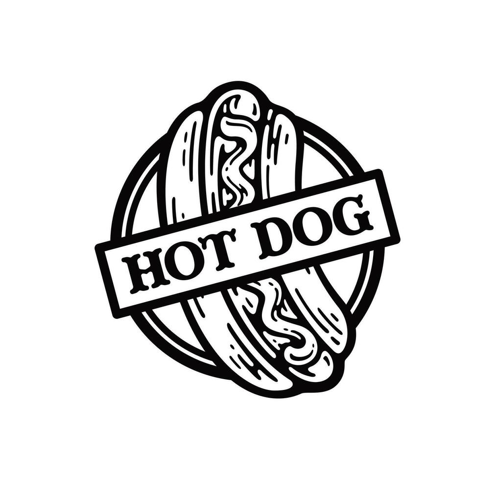 caliente perro un pan salchicha mostaza emblema vector ilustración