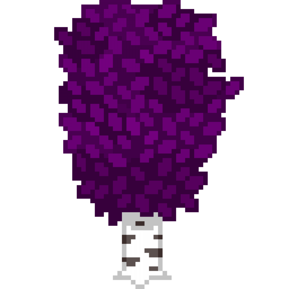 An 8-bit retro-styled pixel-art illustration of a birch tree with dark vibrant purple leaves. png