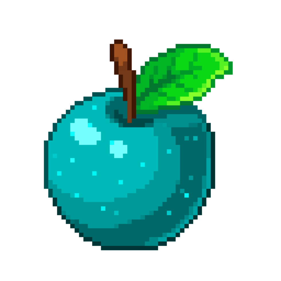 An 8-bit retro-styled pixel-art illustration of a blue apple. png