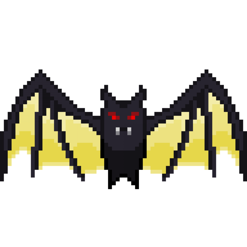 An 8-bit retro-styled pixel-art illustration of a blood bat with bright yellow wings. png
