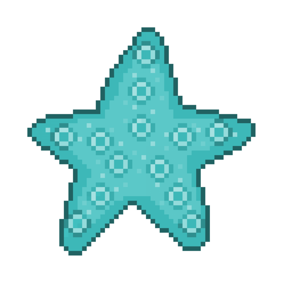 An 8-bit retro-styled pixel-art illustration of a light blue starfish. png