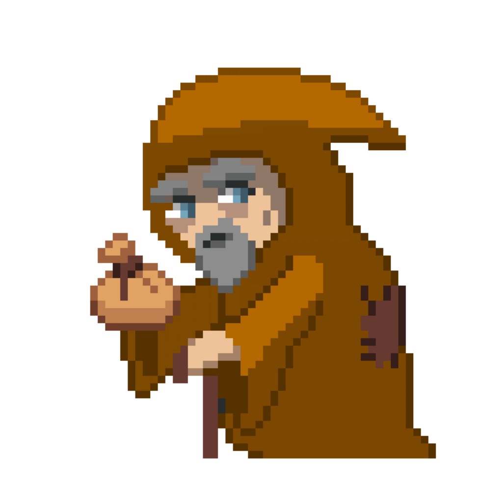 An 8-bit retro-styled pixel-art illustration of a merchant with an orange robe and money bag. png
