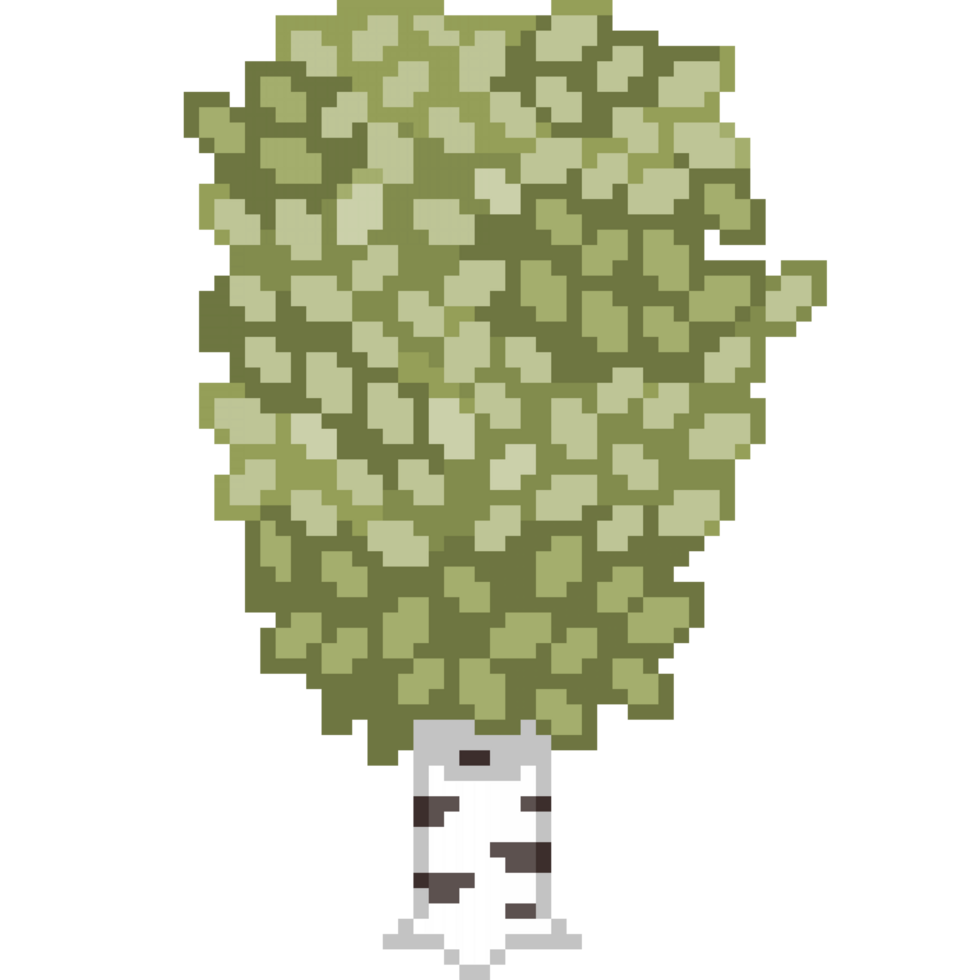 An 8-bit retro-styled pixel-art illustration of a birch tree with vibrant tan leaves. png