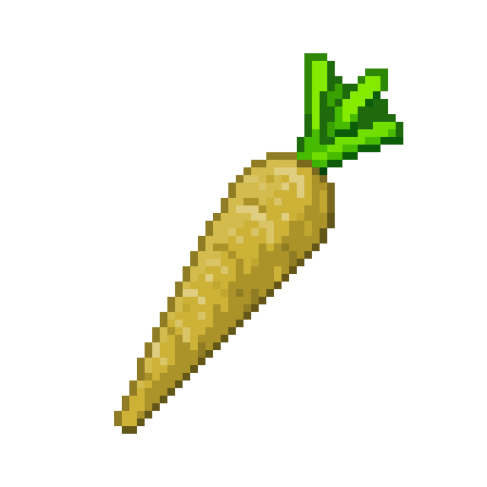 An 8-bit retro-styled pixel-art illustration of a golden carrot. png