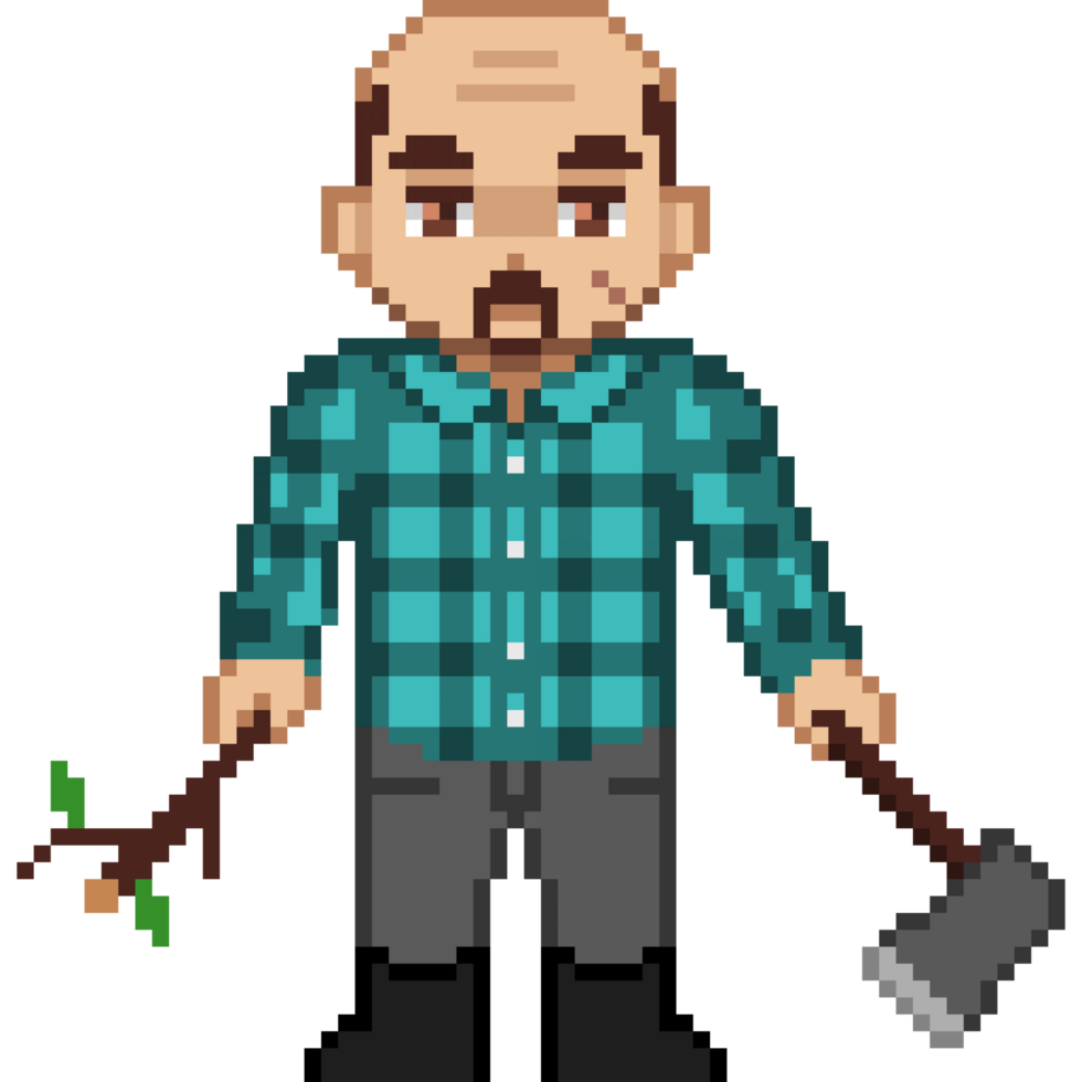 An 8-bit retro-styled pixel-art illustration of a lumberjack wearing a blue flannel and holding an iron axe. png