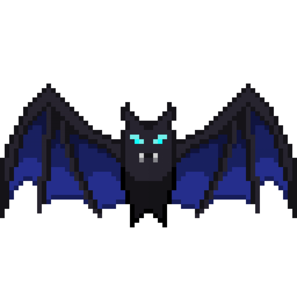 An 8-bit retro-styled pixel-art illustration of a blue vampire bat with glowing eyes. png