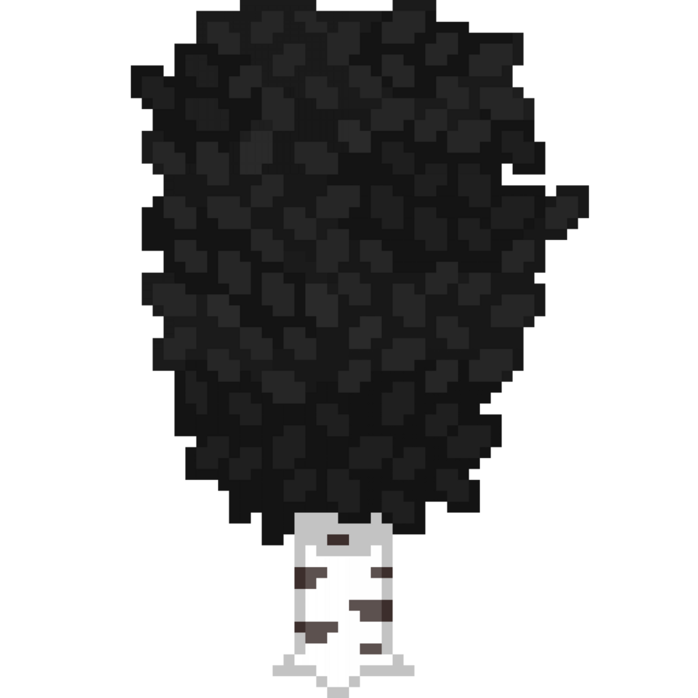 An 8-bit retro-styled pixel-art illustration of a birch tree with dark black leaves. png