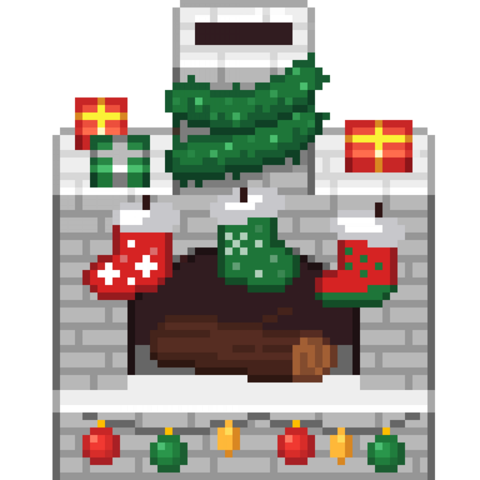 An 8-bit retro-styled pixel-art illustration of a white Christmas furnace with lights and gifts. png