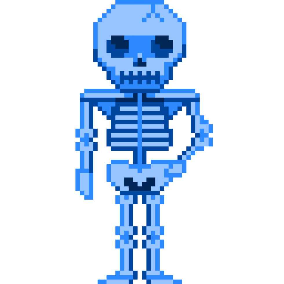 An 8-bit retro-styled pixel-art illustration of a blue skeleton. png