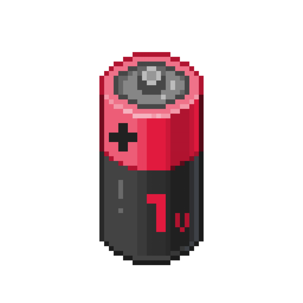 An 8-bit retro-styled pixel-art illustration of a red 1 volt battery. png