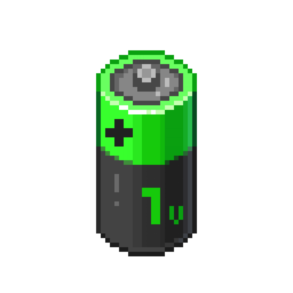 An 8-bit retro-styled pixel-art illustration of an one volt battery. png