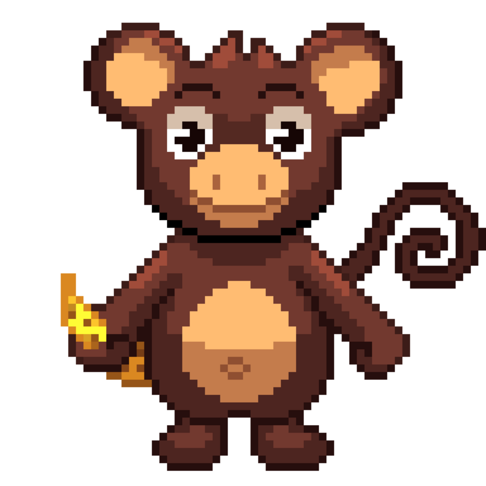 An 8-bit retro-styled pixel-art illustration of a brown monkey holding a banana, png