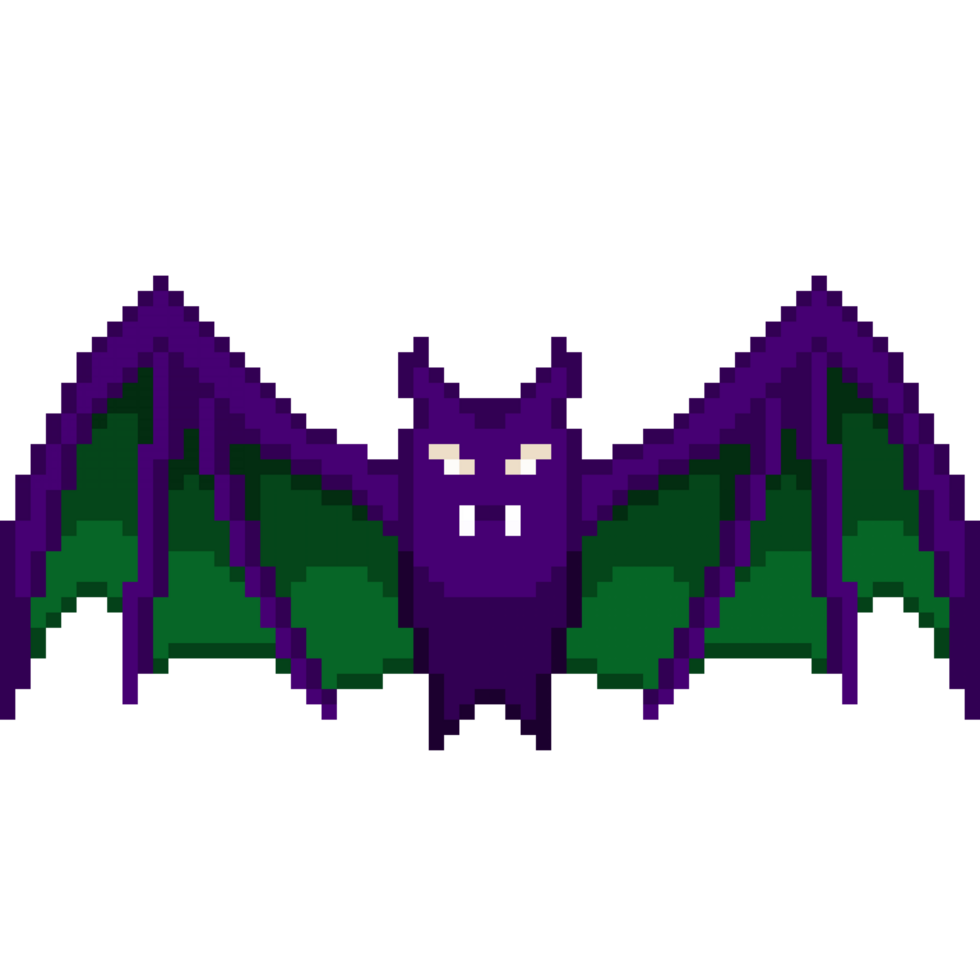 An 8-bit retro-styled pixel-art illustration of a blood bat with dark green wings and a black body. png