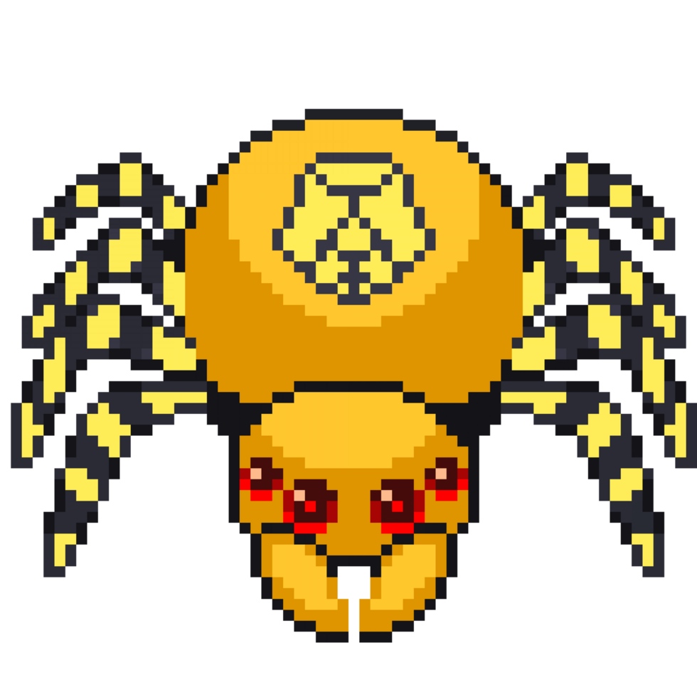 An 8-bit retro-styled pixel-art illustration of a yellow tarantula with a unique symbol on its back. png