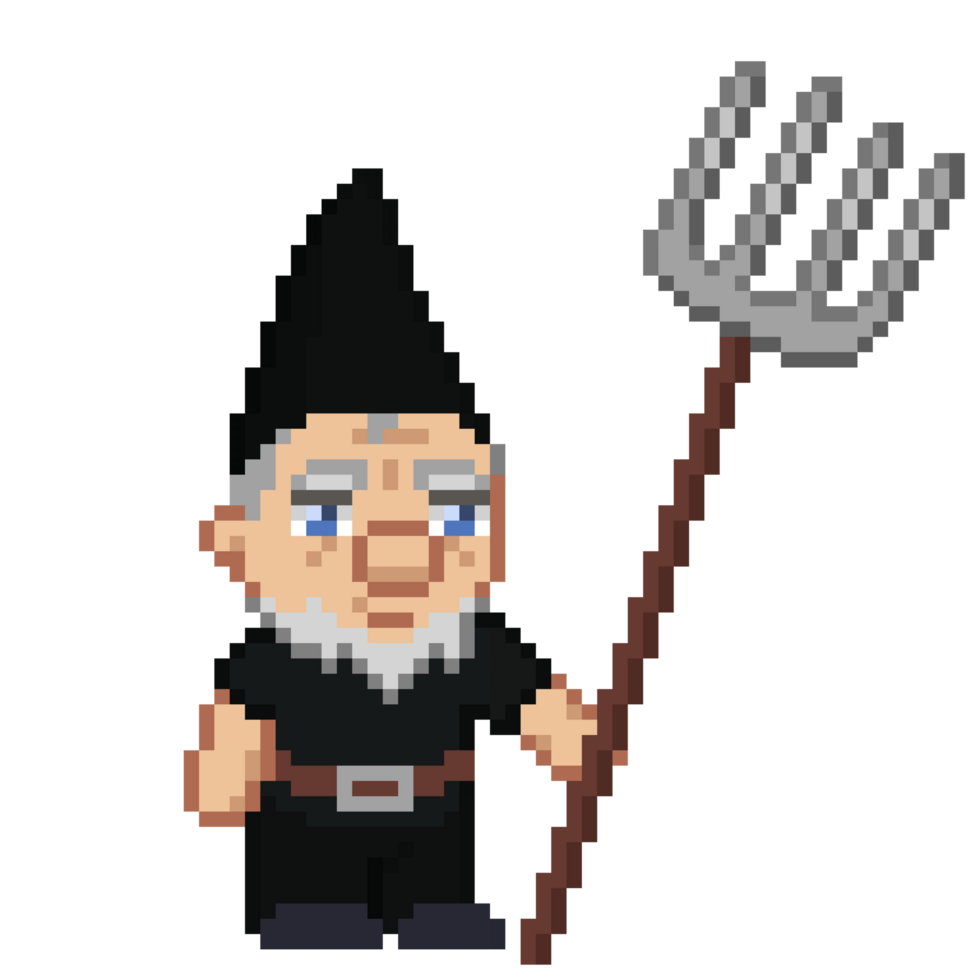 An 8-bit retro-styled pixel-art illustration of a gnome wearing a black robe and holding a pitchfork. png