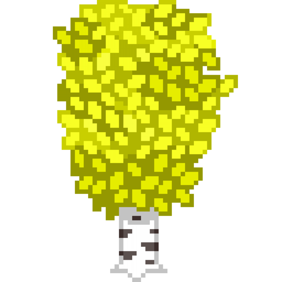 An 8-bit retro-styled pixel-art illustration of a birch tree with bright yellow leaves. png
