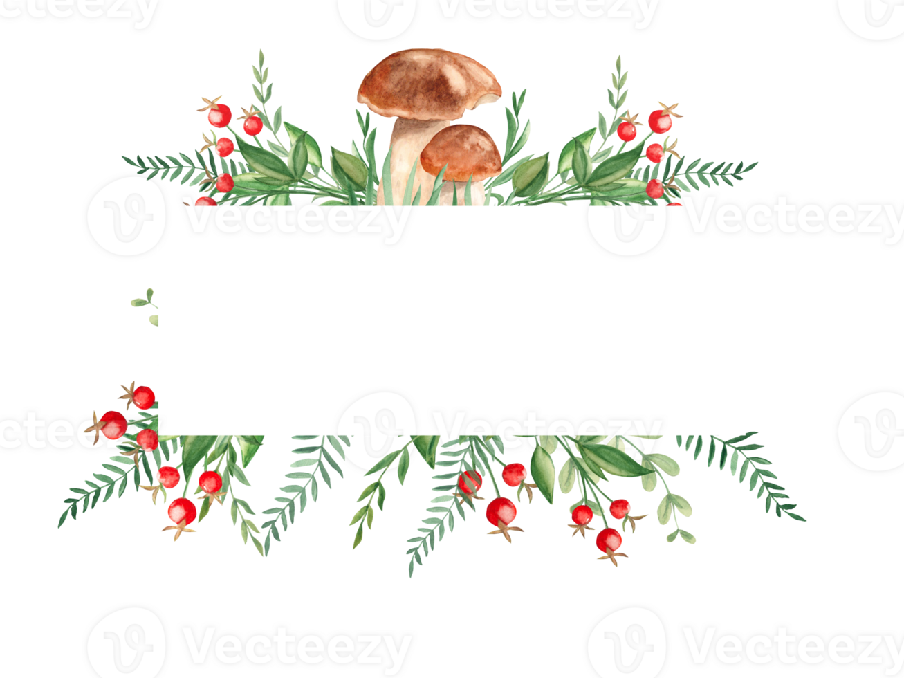 Watercolor forest horizontal frame. Porcini mushrooms, fern, green branches, red berries. Can be used for greeting cards, baby shower, banners, blog templates, logos design. png