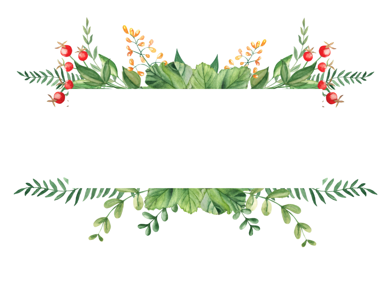 Watercolor floral horizontal frame. Red berries, fern, green branches, yellow wildflowers. Can be used for greeting cards, baby shower, banners, blog templates, logos and cosmetic design. png