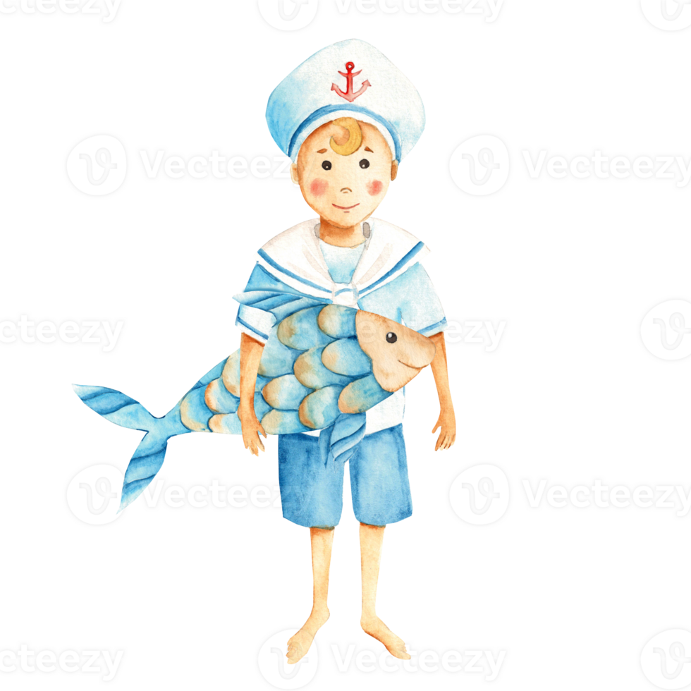 Cute little sailor boy in a marine suit with blue yellow fish. Watercolour nautical illustration for children. Hand painted. For cards, posters, baby prints. png