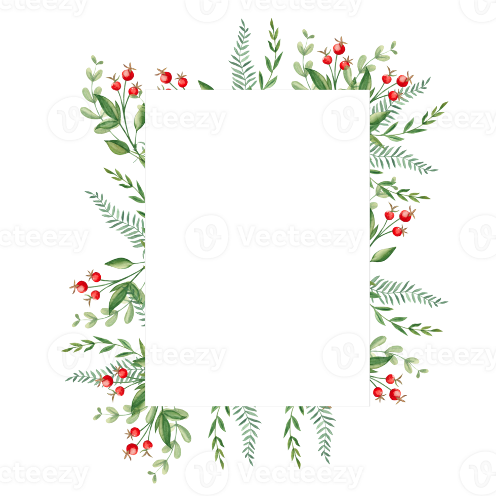 Watercolor forest frame with fern, green branches and red berries. Hand drawn botanical illustration. Can be used for logo design, as invitation card for birthday, anniversary, baby shower. png