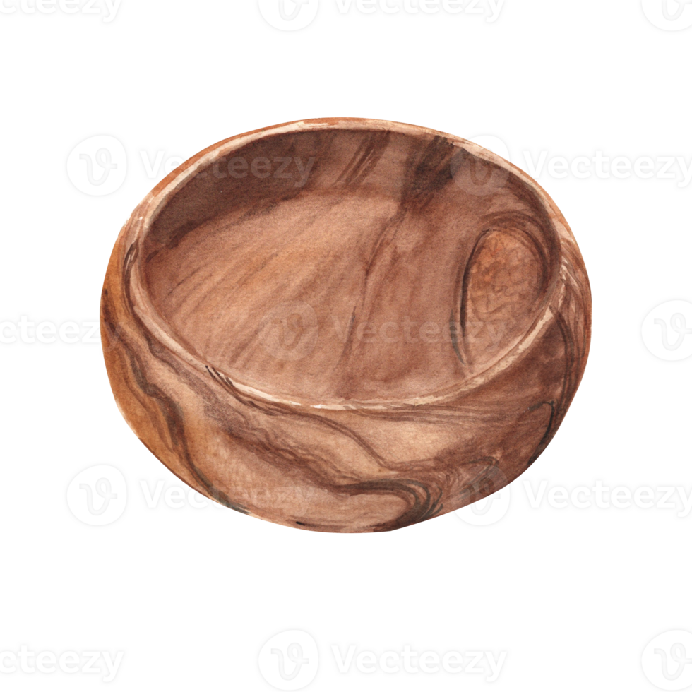 Empty wooden bowl from side view . For displaying your food, products or decoration compositions. Watercolor illustration. png