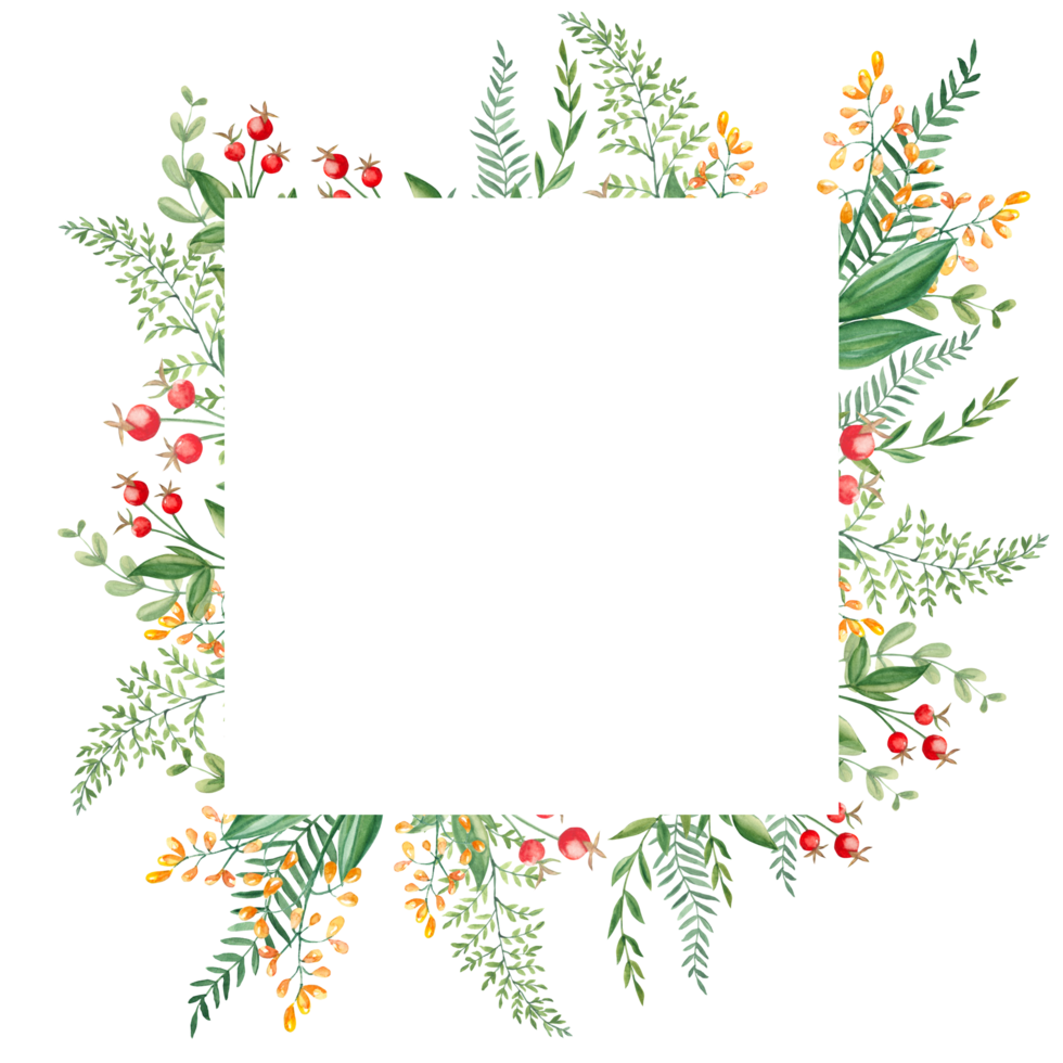 Watercolor square forest frame with fern, green branches, red and yellow berries and wildflowers. Hand drawn botanical illustration. Can be used for logo design, as invitation card. png