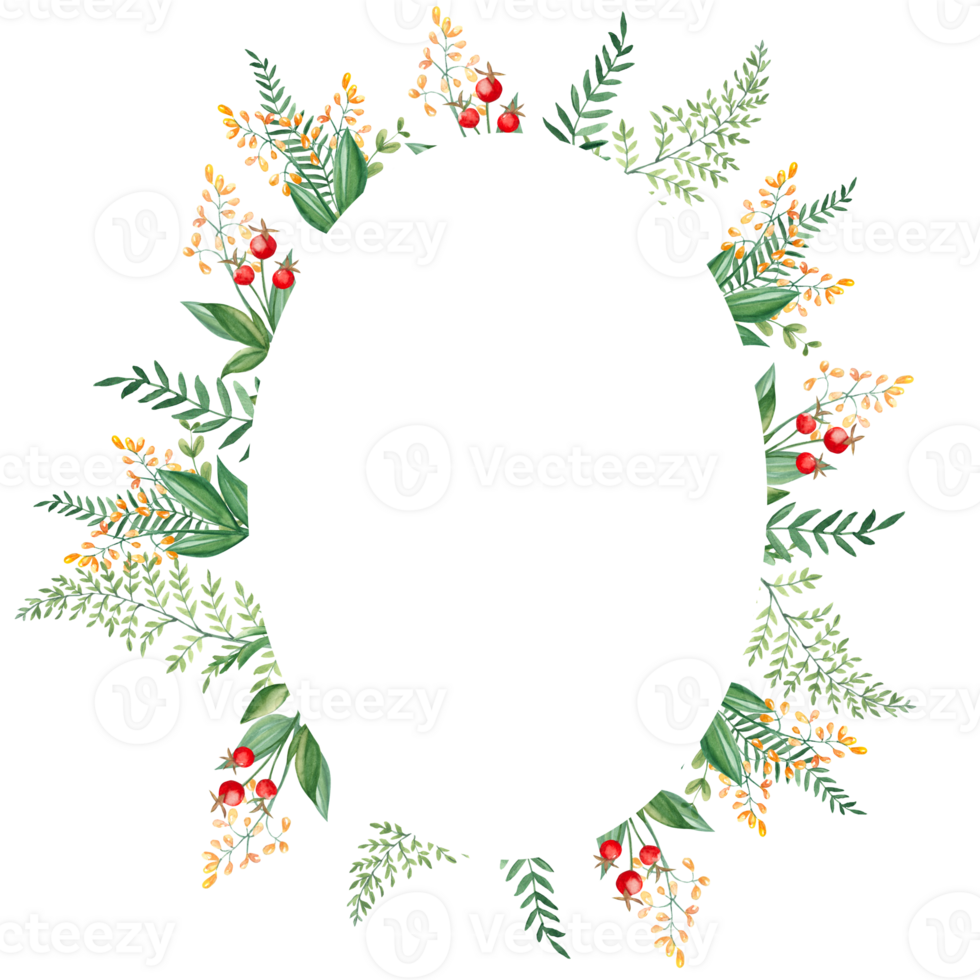 Watercolor oval forest frame with fern, green branches, red and yellow berries and wildflowers. Hand drawn botanical illustration. Can be used for logo design, as invitation card for birthday png