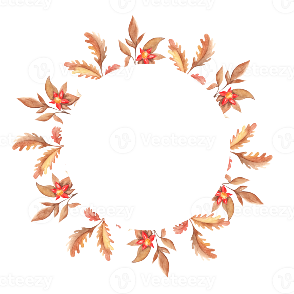 Watercolor autumn circle forest frame with oak leaves, branches and red berries. Hand drawn botanical illustration. Can be used for logo design, as invitation card for birthday, anniversary. png