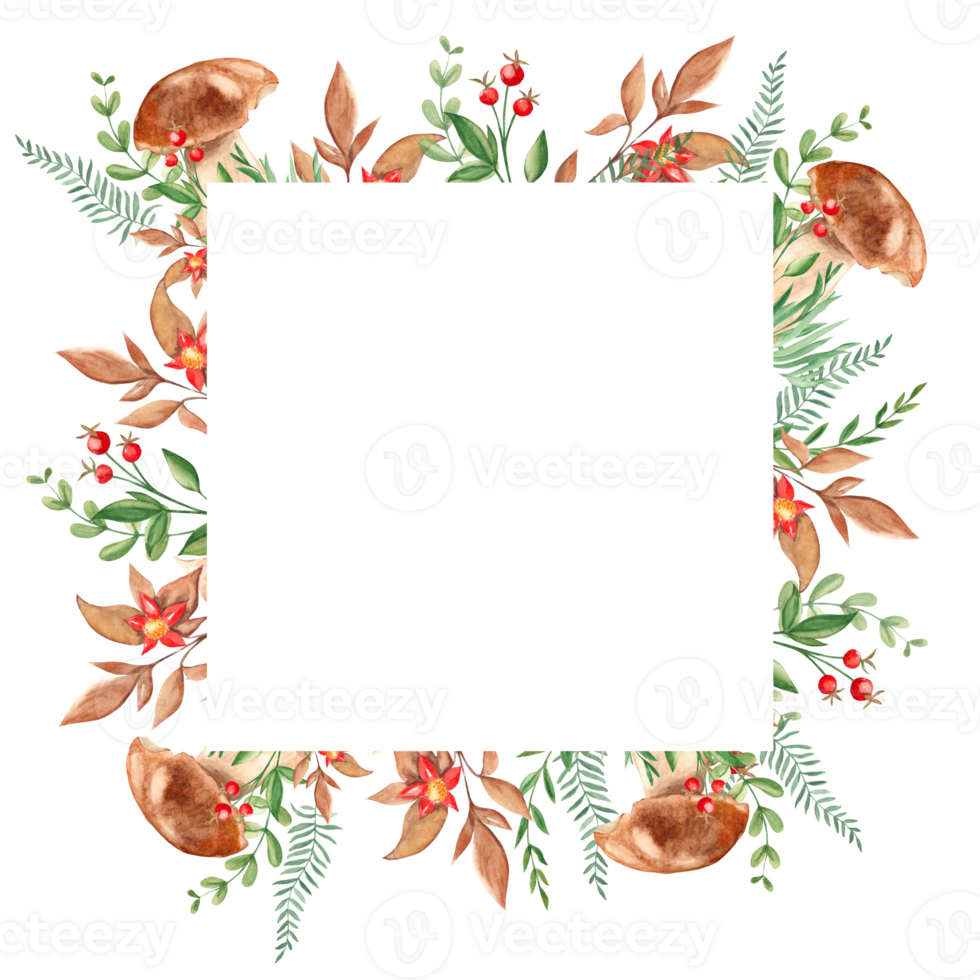 Watercolor square forest frame with porcini mushrooms, fern, green branches, red berries and wildflowers. Hand drawn botanical illustration. Can be used for logo design, as invitation card. png