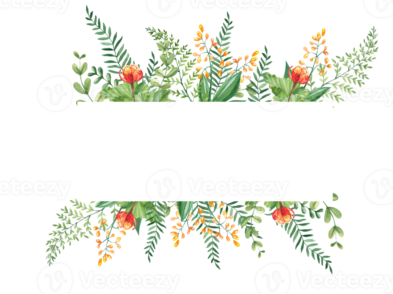 Watercolor floral horizontal frame. Cloudberry leaves and berries, fern, green branches, yellow wildflowers. Can be used for greeting cards, baby shower, banners, blog templates, logos. png