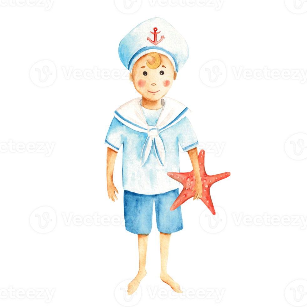 söt liten sjöman pojke i en marin kostym med röd sjöstjärna. vattenfärg nautisk illustration för barn. hand målad. för kort, affischer, bebis grafik. png