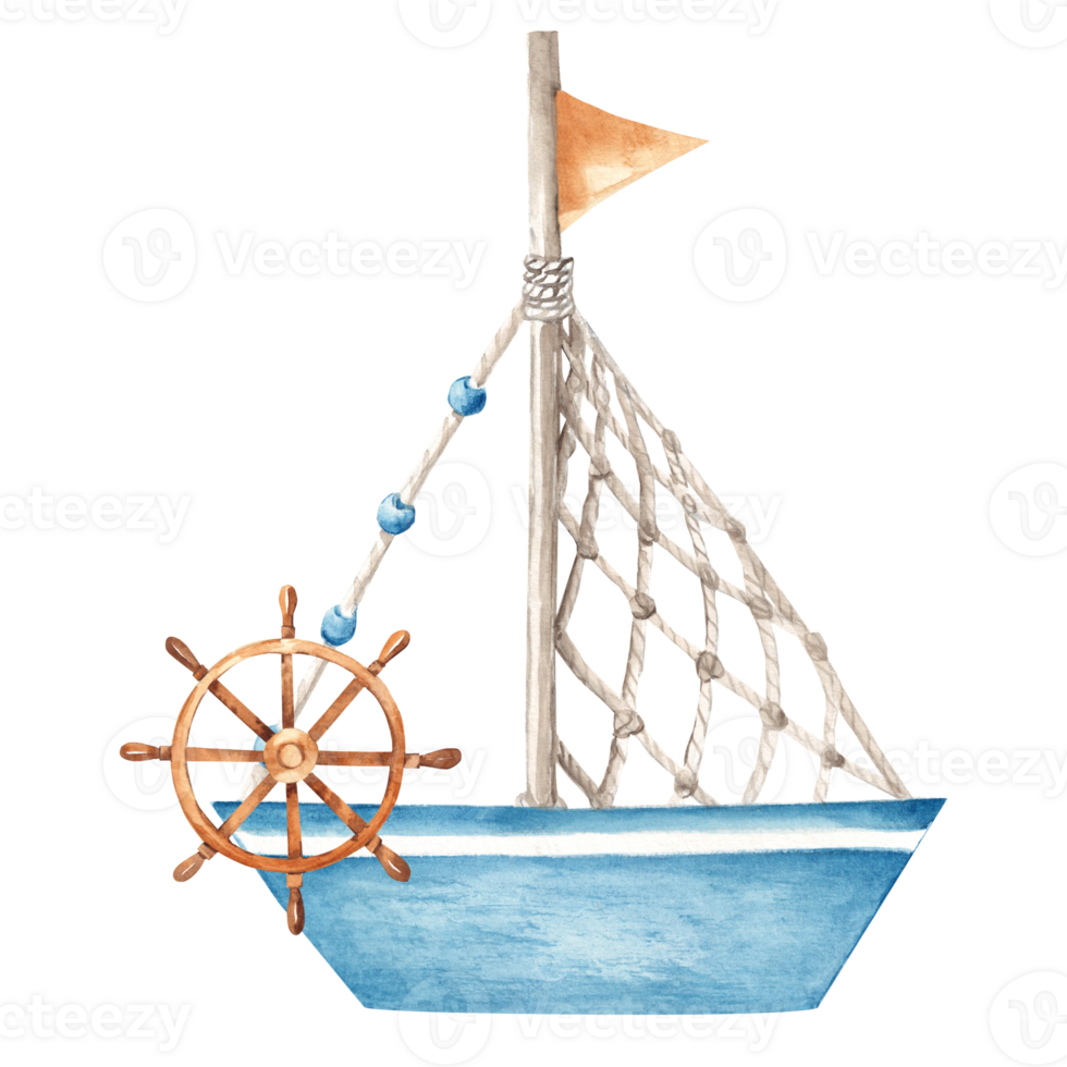 Cute watercolor ship, boat with wooden steering wheel. Hand painted summer sea nautical element. png