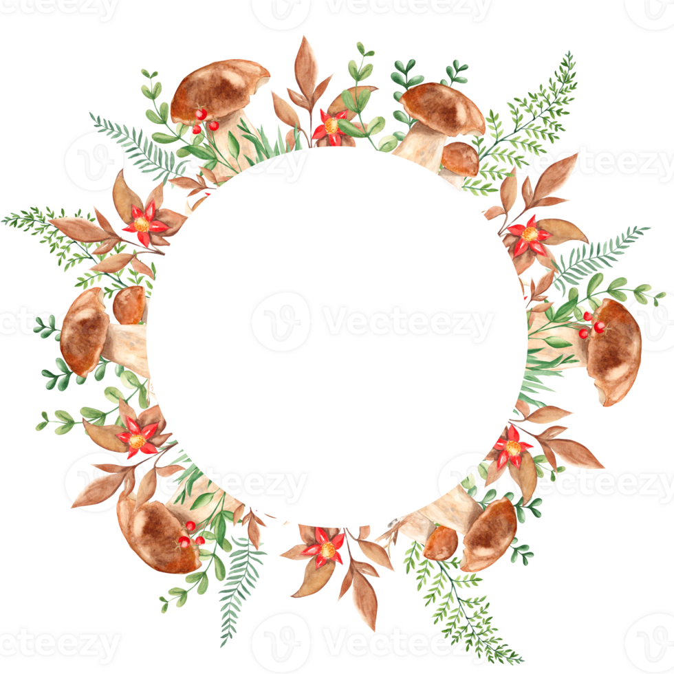 Watercolor autumn circle forest frame with Porcini mushrooms, fern, green branches and red wildflowers. Hand drawn botanical illustration. Can be used for logo design, as invitation card for birthday. png