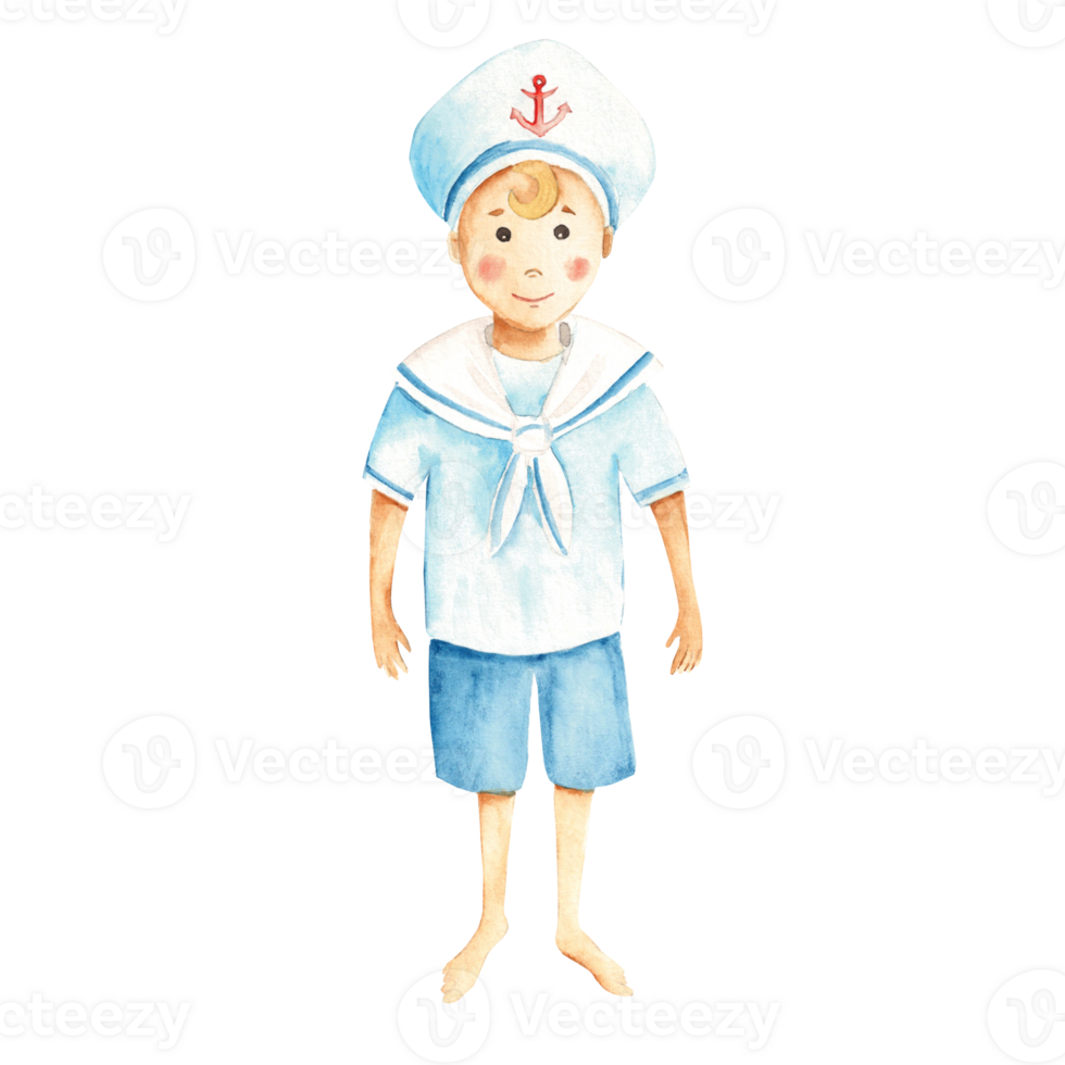 Cute little sailor boy in a marine suit. Watercolour nautical illustration for children. Hand painted. For cards, posters, baby prints. png