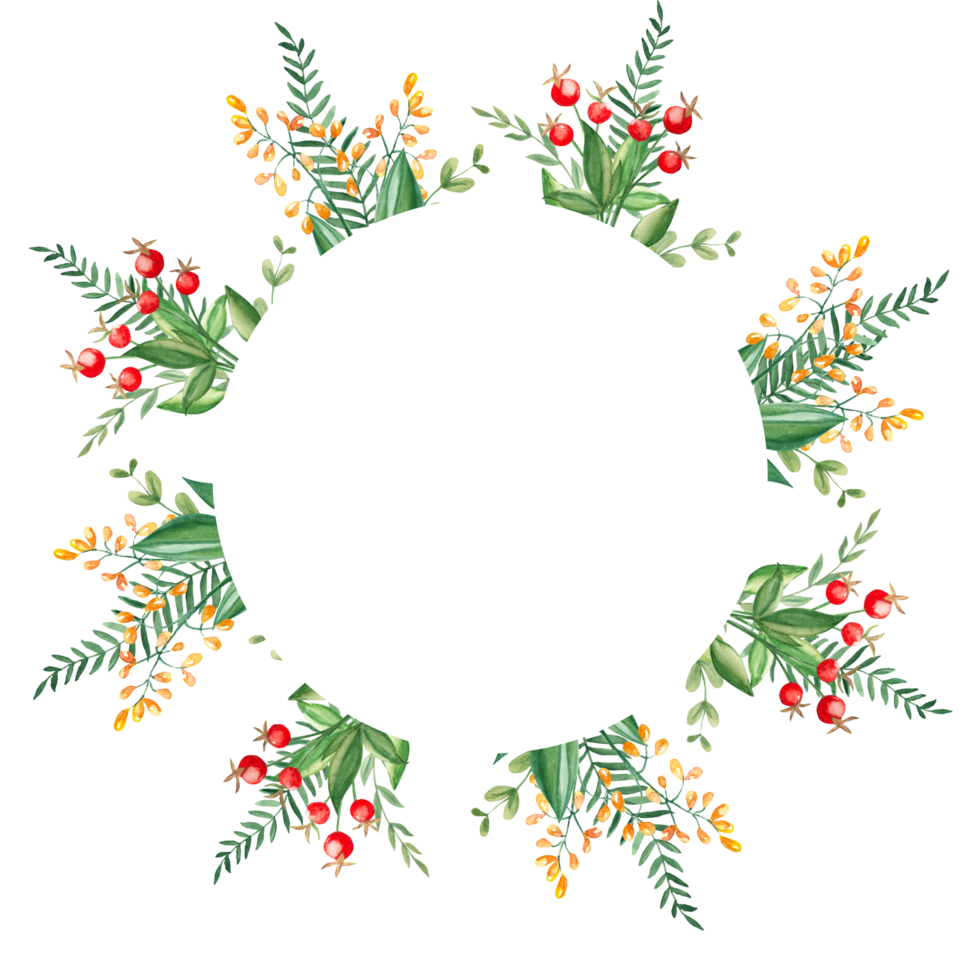 grön löv och grenar, röd bär, gul vilda blommor. vattenfärg cirkel sommar skog ram. hand dragen botanisk illustration. kan vara Begagnade för logotyp design, som inbjudan kort för födelsedag png