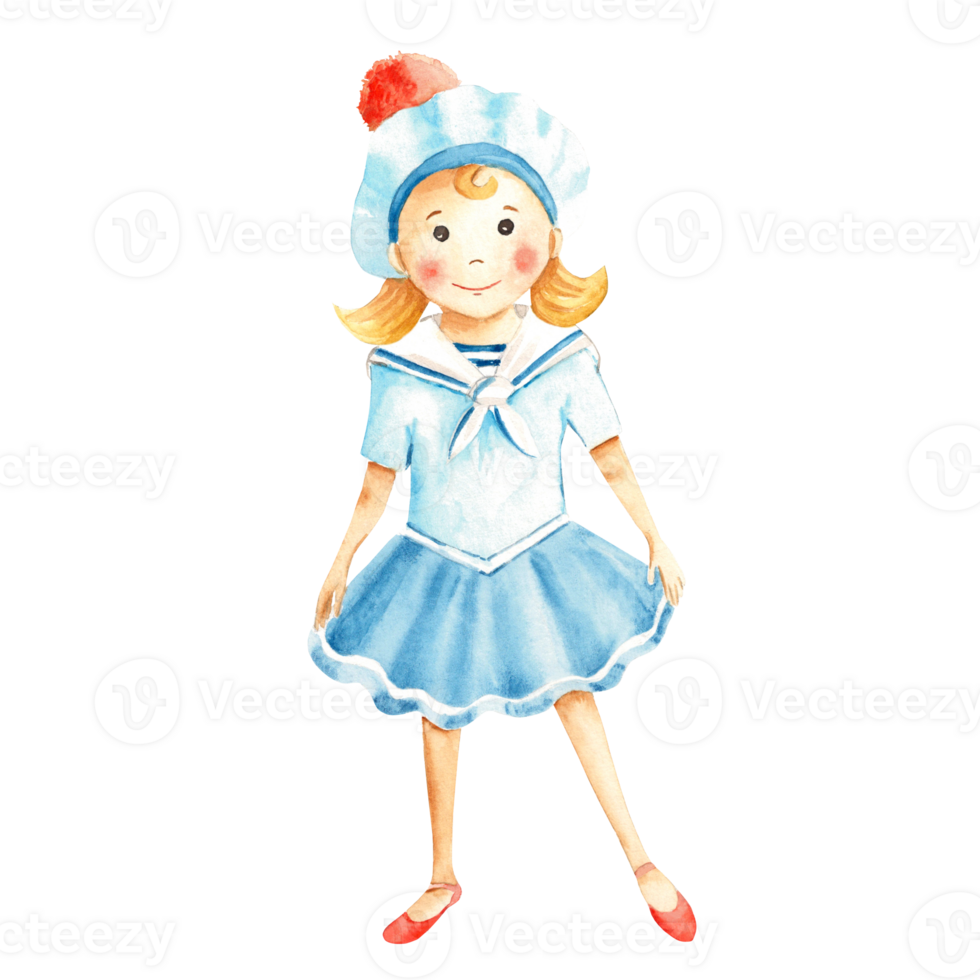 Cute little sailor girl in a marine dress. Watercolour nautical illustration for children. Hand painted. For children's t-shirt prints, fashion design, baby clothing, cards, posters. png