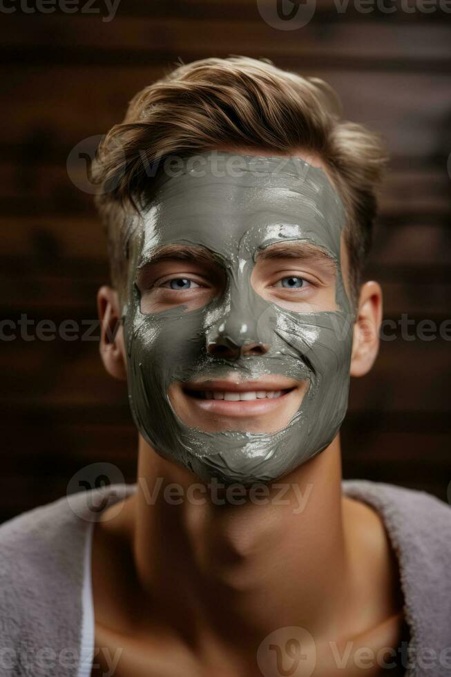 hermoso hombre con arcilla facial máscara en belleza spa foto