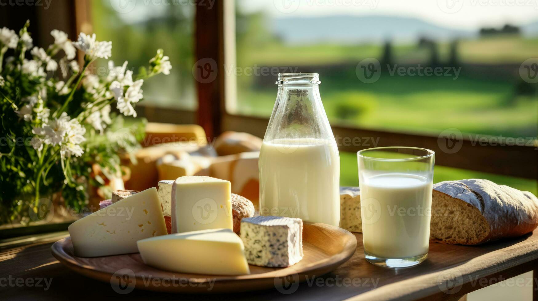 Bottle of milk glass of milk and plate of cheese on table in front of a field with cows photo